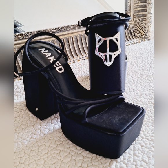 NWOB NAKED WOLFE Jenny Strappy Satin Platform Sandals Black Sz 10 Org $300 - Picture 6 of 14
